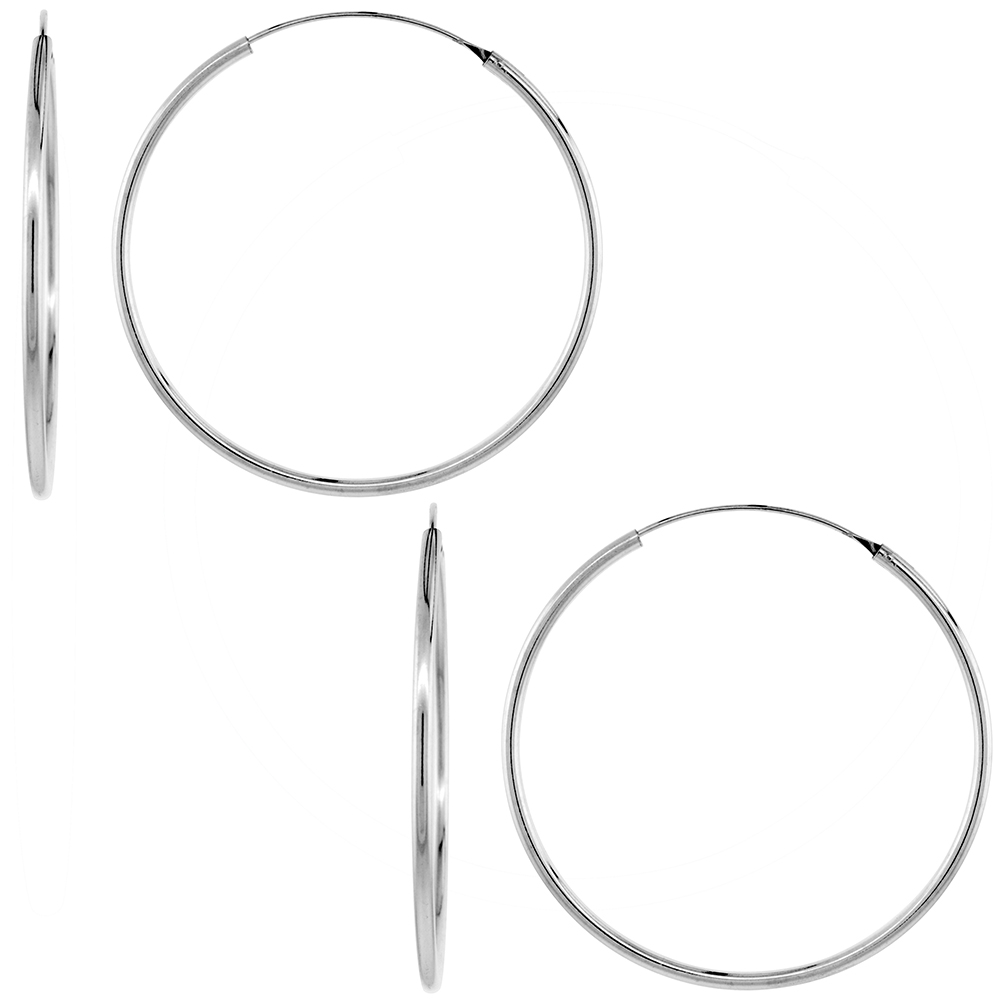 2 Pairs 2mm Thick Sterling Silver 50mm Endless Hoop Earrings 2 inch Round