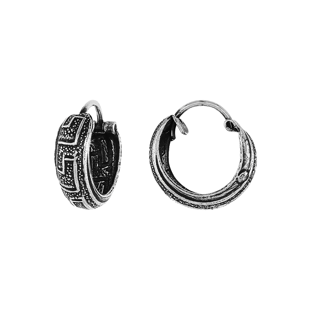Sterling Silver Tiny 1/2 inch Greek Key Hoop Earrings for Women & Girls Half Round Hinged Oxidized finish