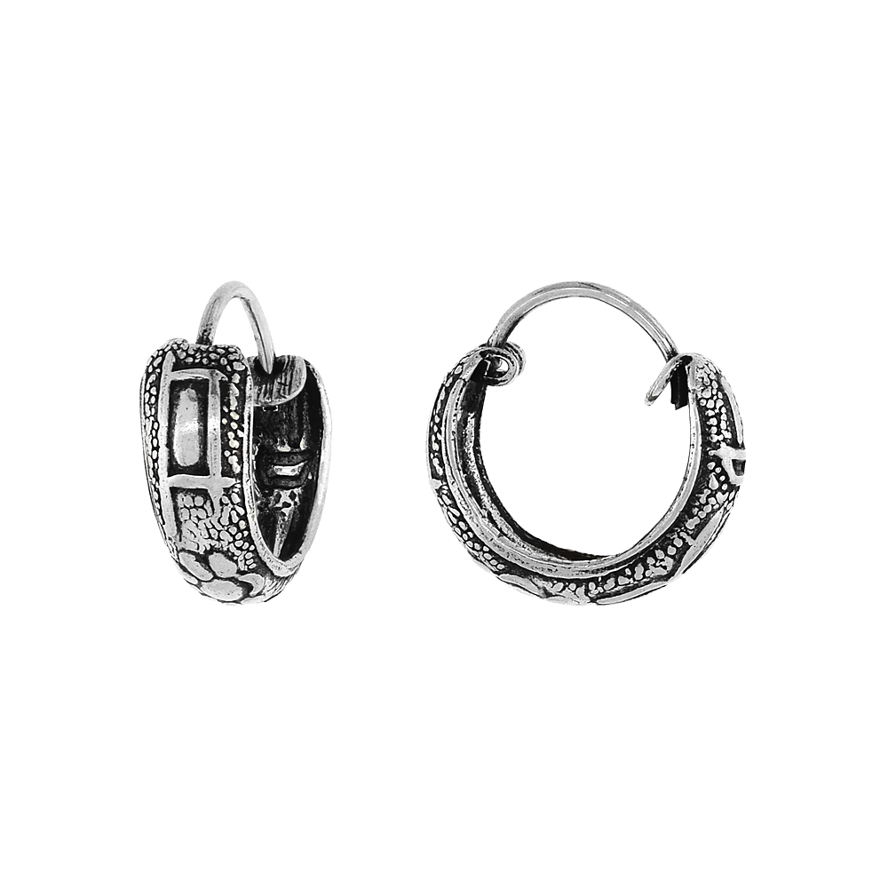 Sterling Silver Tiny 1/2 inch Sunflower Hoop Earrings for Women & Girls Half Round Hinged Oxidized finish