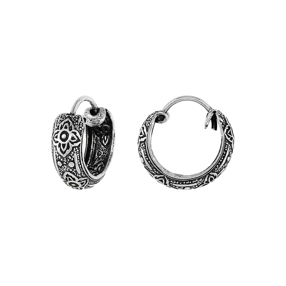 Sterling Silver Tiny 1/2 inch Quatrefoil Flower Hoop Earrings for Women & Girls Half Round Hinged Oxidized finish