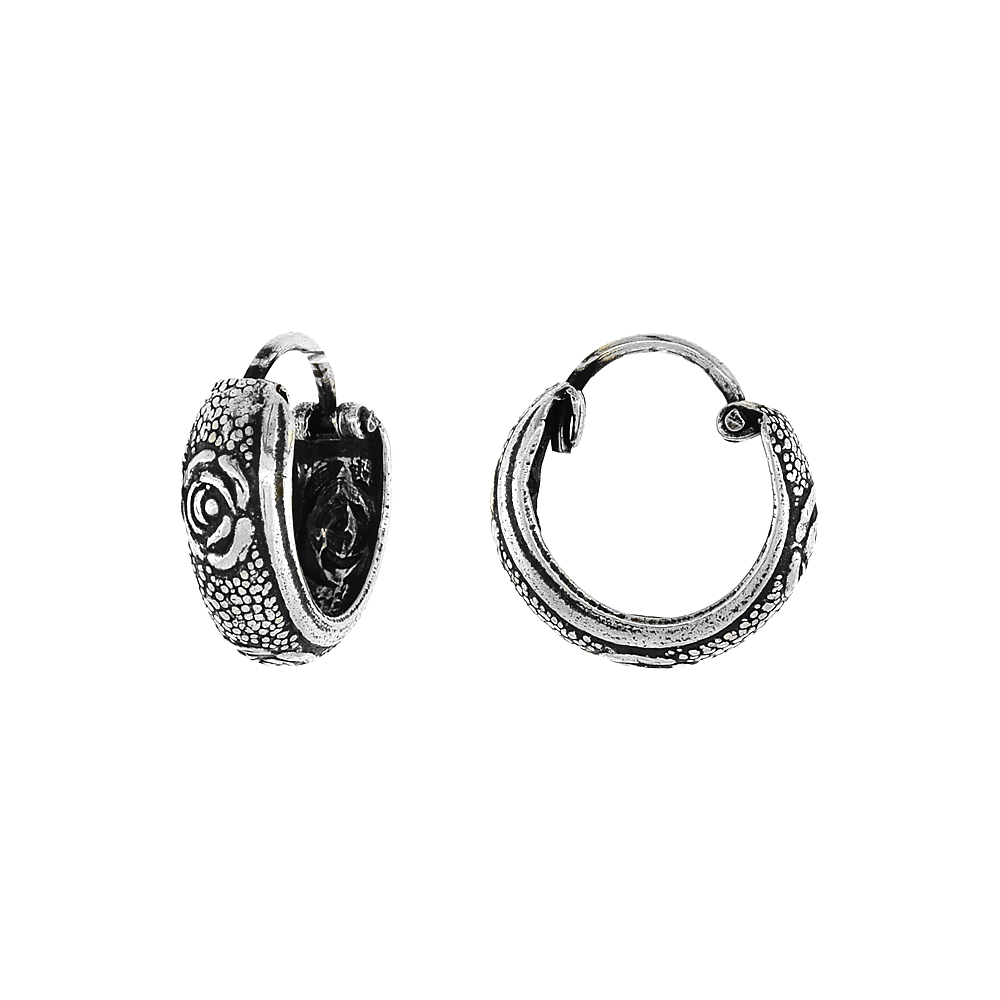 Sterling Silver Tiny 1/2 inch Rose Hoop Earrings for Women & Girls Half Round Hinged Oxidized finish