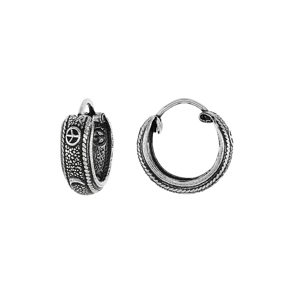 Sterling Silver Tiny 1/2 inch Peace Sign & Crescent Moon Hoop Earrings for Women & Girls Half Round Hinged Oxidized finish