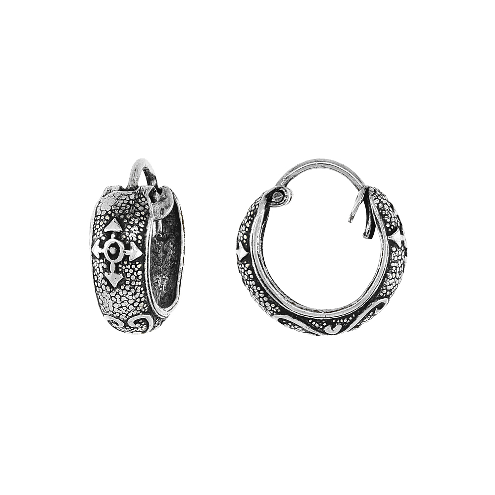 Sterling Silver Tiny 1/2 inch Crosses & Hearts Hoop Earrings for Women & Girls Half Round Hinged Oxidized finish