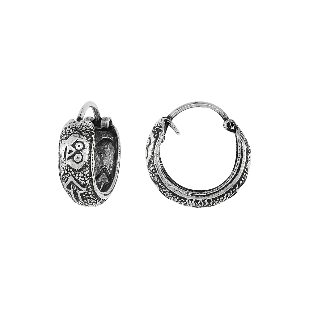 Sterling Silver Tiny 1/2 inch Skulls Hoop Earrings for Women & Girls Half Round Hinged Oxidized finish