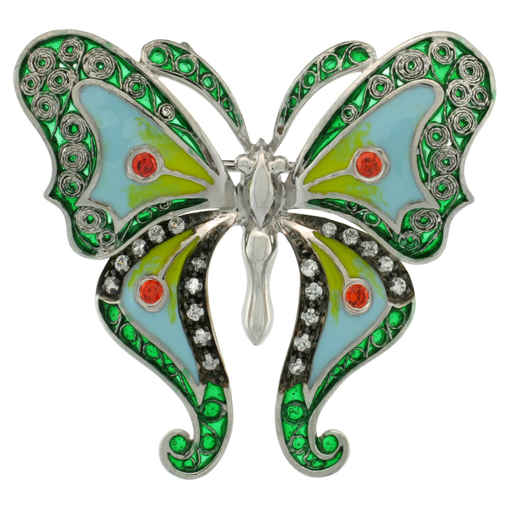 STERLING SILVER MULTI COLOR ENAMEL BUTTERFLY BROOCH, 1 1/2 IN. (38 MM) TALL
