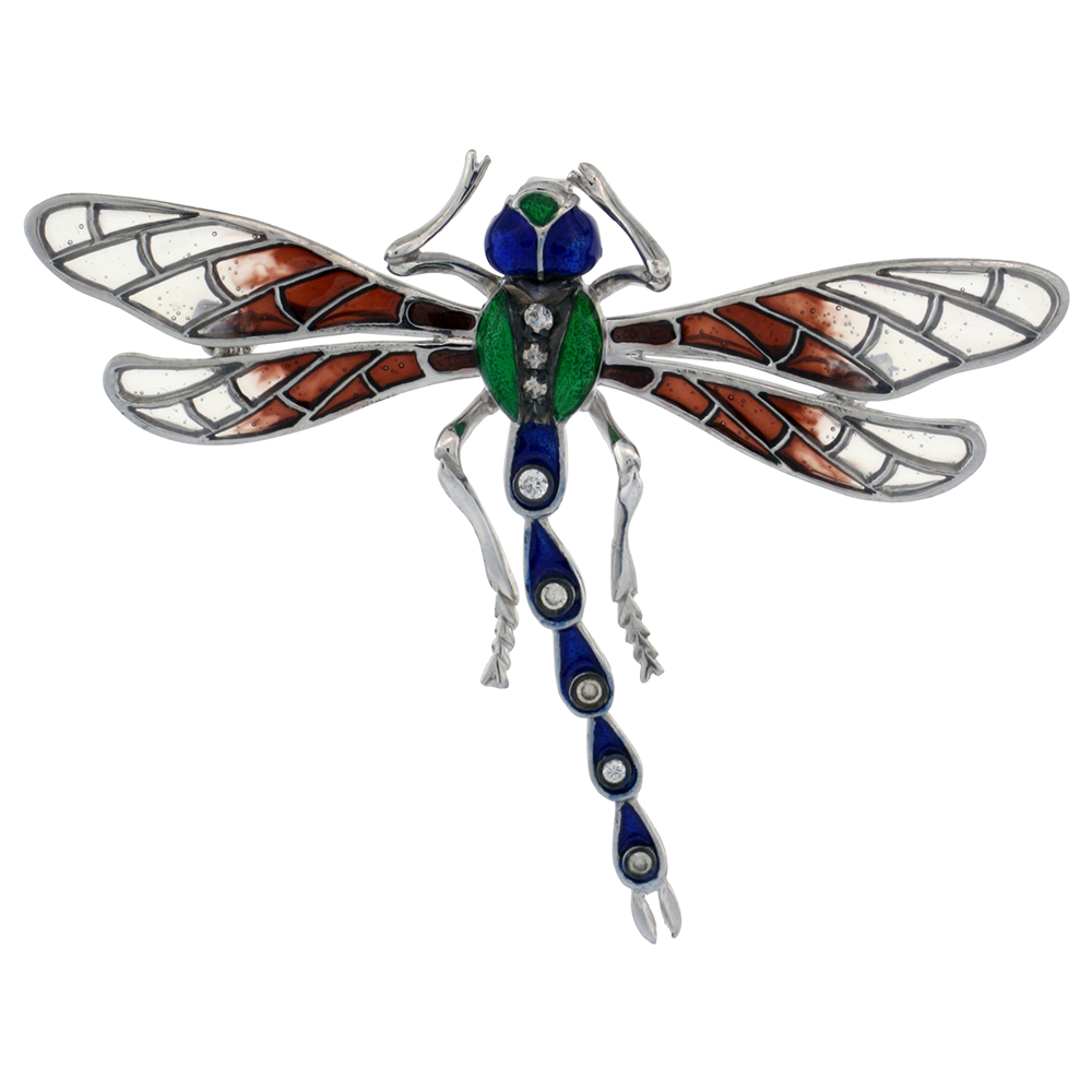 STERLING SILVER MULTI COLOR ENAMEL DRAGONFLY BROOCH, 2 5/16 IN. (59 MM) WIDE