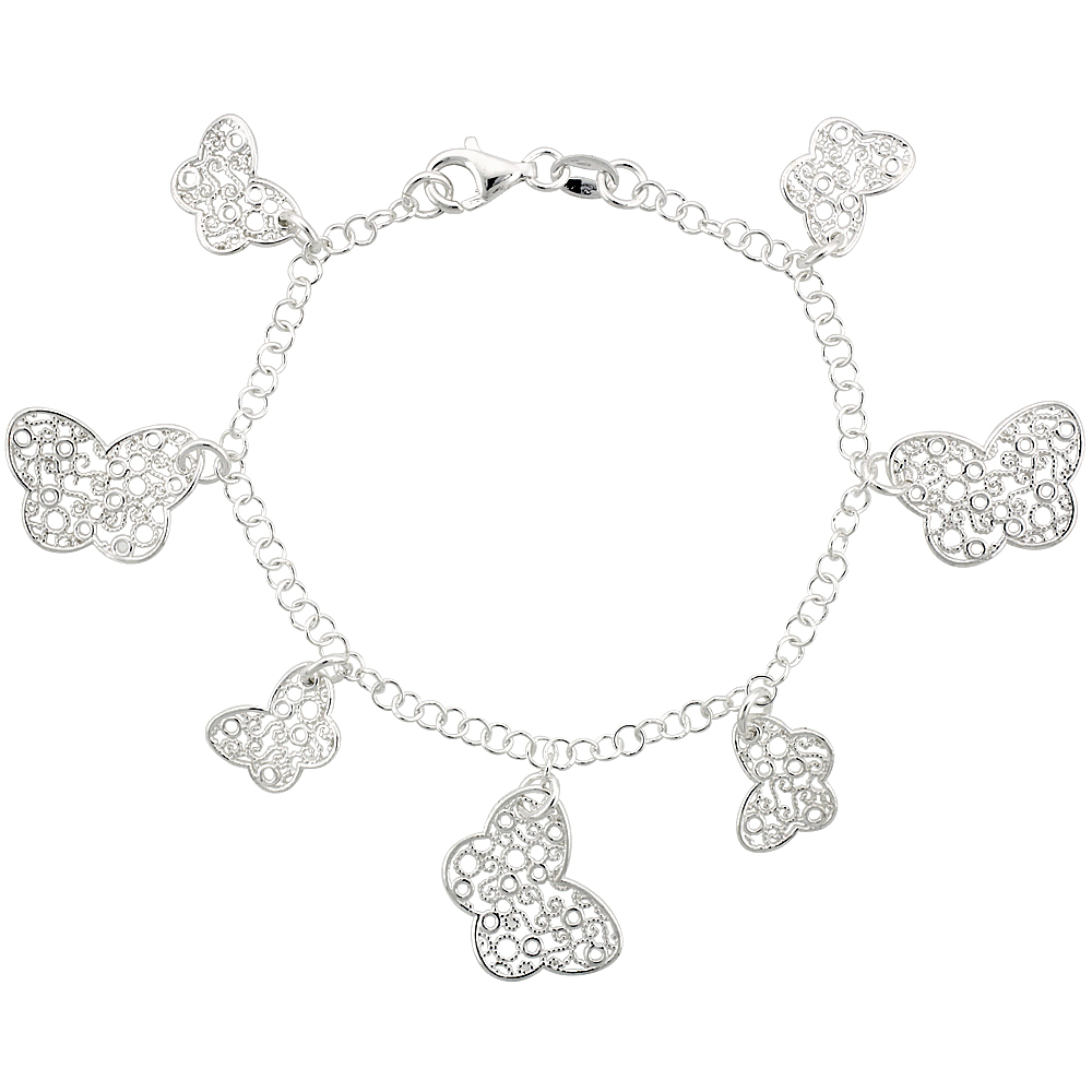 Sterling Silver 7.5 in. Filigree Floral Charm Bracelet