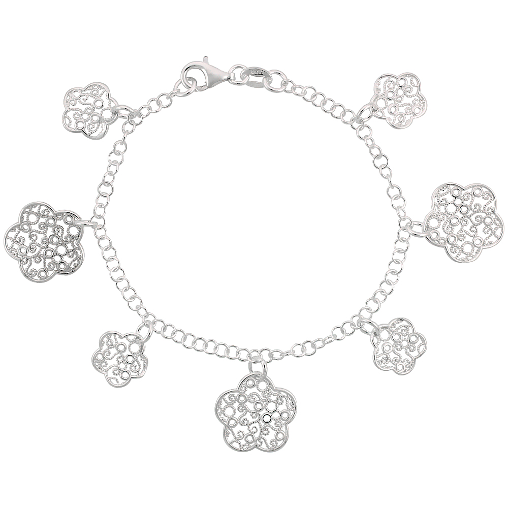 Sterling Silver 7.5 in. Filigree Butterfly Charm Bracelet