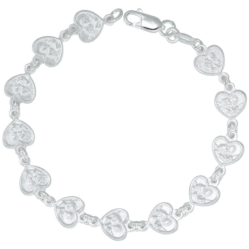 Sterling Silver Cupid Eros and Psyche Kissing Bracelet for Women Heart Links Italy 7.5 inch