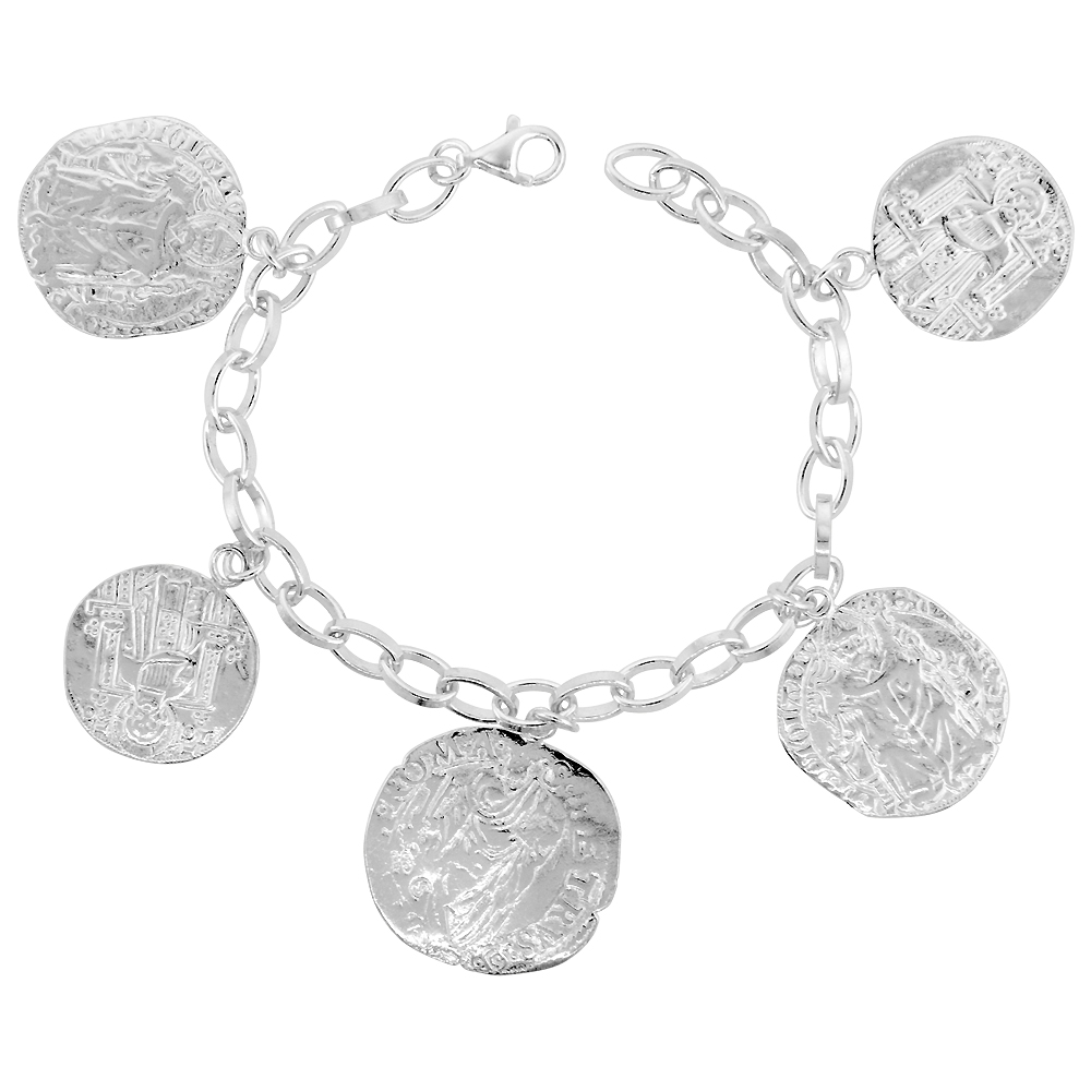 Sterling Silver St Benedict Bracelet for Women 4 Hanging 7/8 inch Medals Italy 7.5 inch
