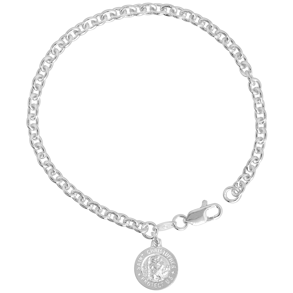 Sterling Silver St Christopher Bracelet for Women 12mm Dangling Medal Italy 7.5 inch