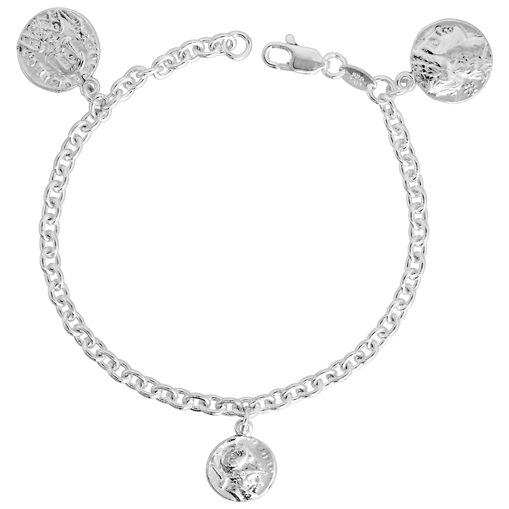 Sterling Silver Replica Antique Roman Coin Bracelet for Women 3 Dangling 1/2 inch coins Italy 7.5 inch