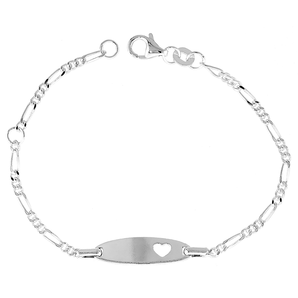 Sterling Silver Childrens ID Bracelet Figaro link with Heart Cut-Out fits baby sizes 5 - 6 inch long