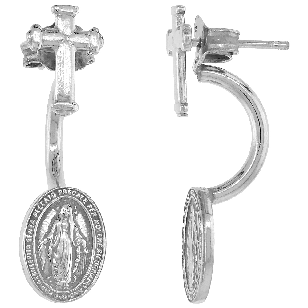 STERLING SILVER MIRACULOUS MEDAL EAR JACKET EARRINGS WITH CROSS RHODIUM FINISH ITALY 1 INCH
