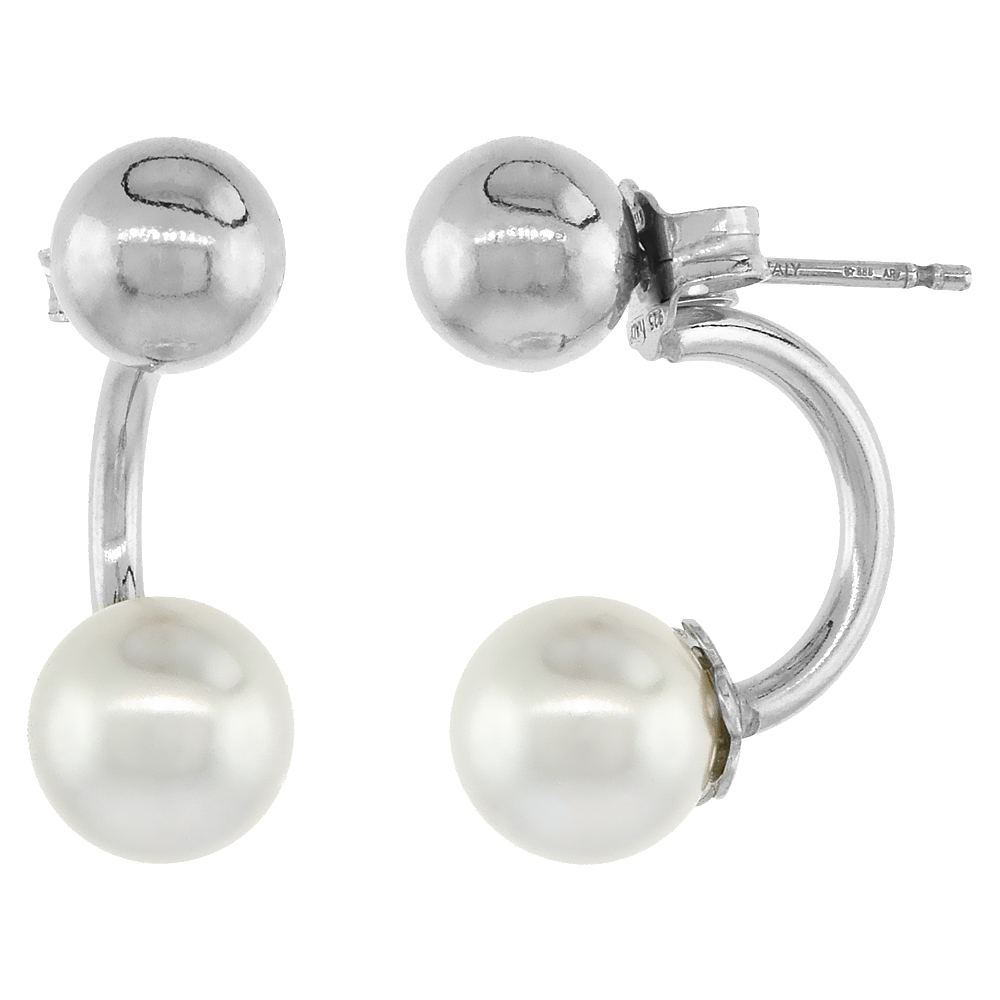 STERLING SILVER EAR JACKET BALL EARRINGS WITH CRYSTAL PEARL 8MM RHODIUM FINISH ITALY 3/4 INCH