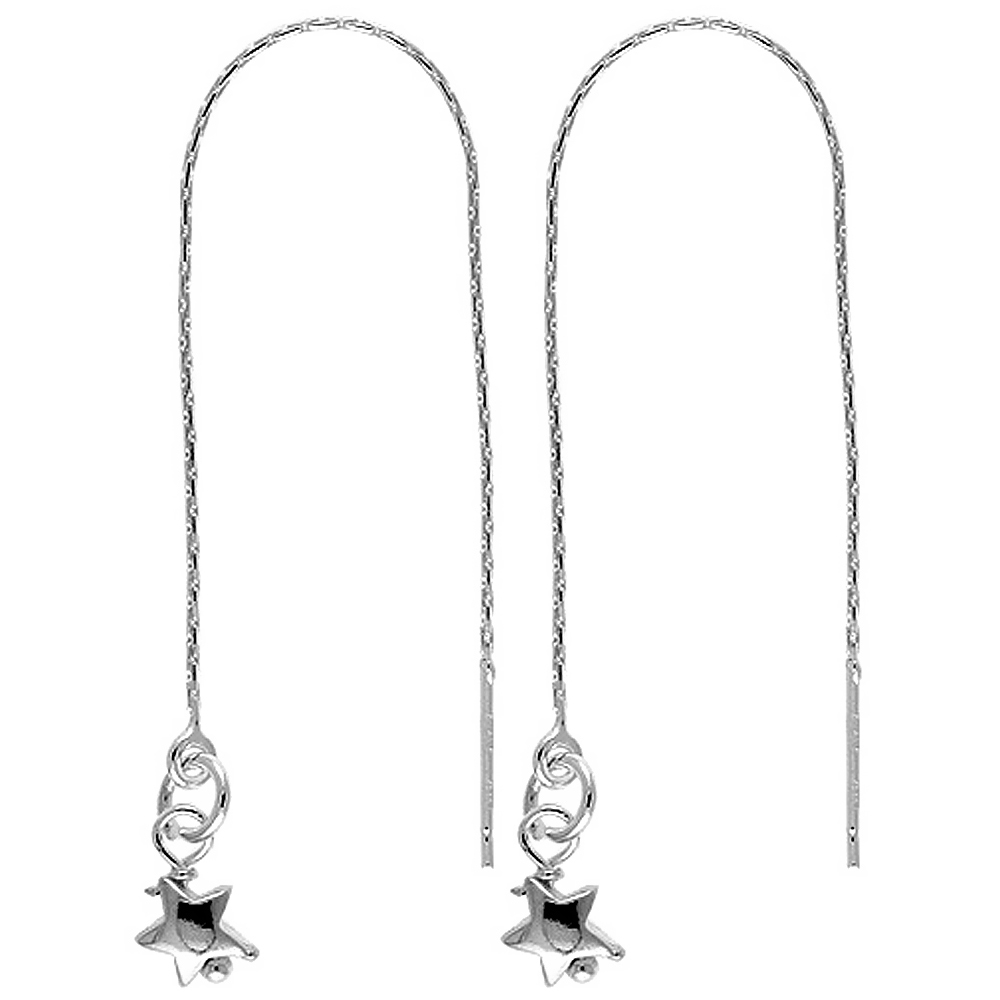 STERLING SILVER DANGLE STAR THREADER EARRINGS FOR WOMEN ITALY 4 1/2 INCH LONG