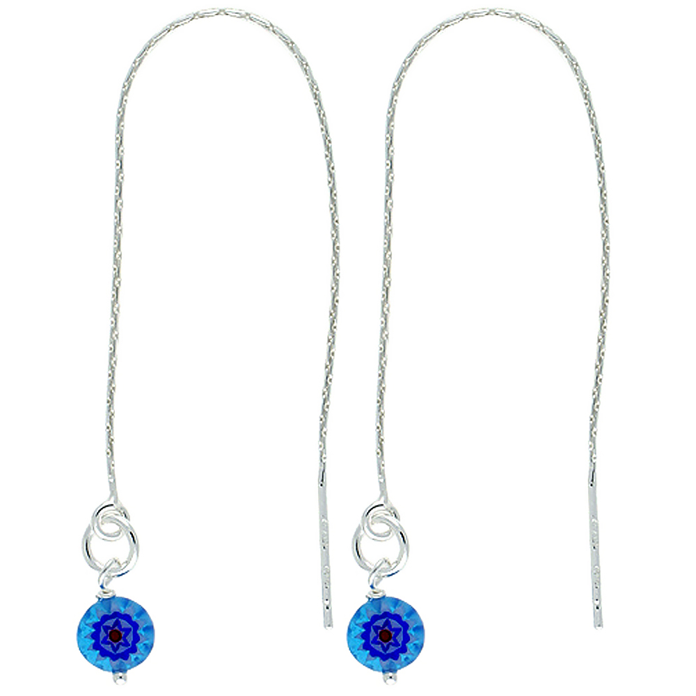 STERLING SILVER DANGLE BLUE VENETIAN GLASS THREADER EARRINGS FOR WOMEN ITALY 4 1/2 INCH LONG