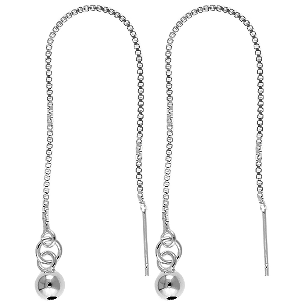 STERLING SILVER DANGLE LARGE BEAD THREADER EARRINGS FOR WOMEN ITALY 4 1/2 INCH LONG