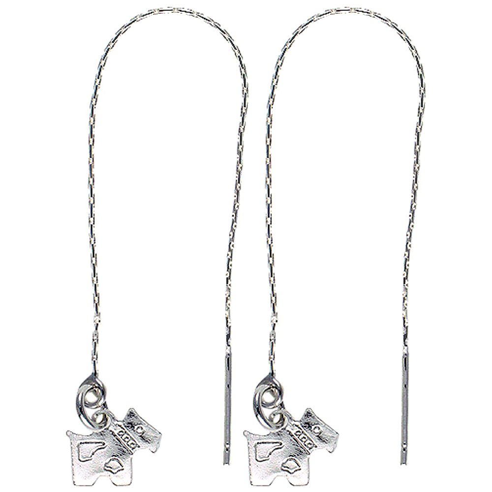 STERLING SILVER DANGLE SCOTTIE DOG THREADER EARRINGS FOR WOMEN ITALY 4 1/2 INCH LONG