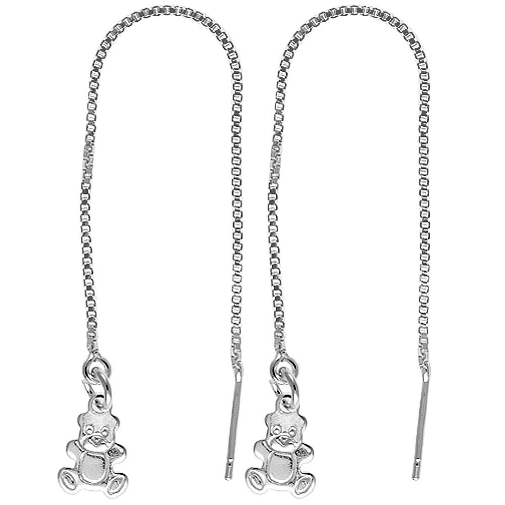 STERLING SILVER DANGLE TEDDY BEAR THREADER EARRINGS FOR WOMEN ITALY 4 1/2 INCH LONG
