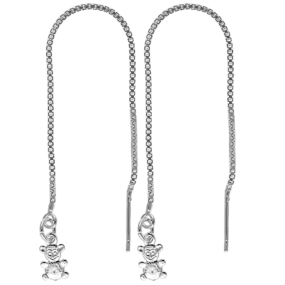 STERLING SILVER DANGLE TEDDY BEAR THREADER EARRINGS FOR WOMEN ITALY 4 1/2 INCH LONG