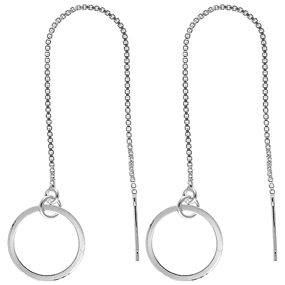 STERLING SILVER DANGLE KARMA CIRCLE THREADER EARRINGS FOR WOMEN ITALY 4 1/2 INCH LONG