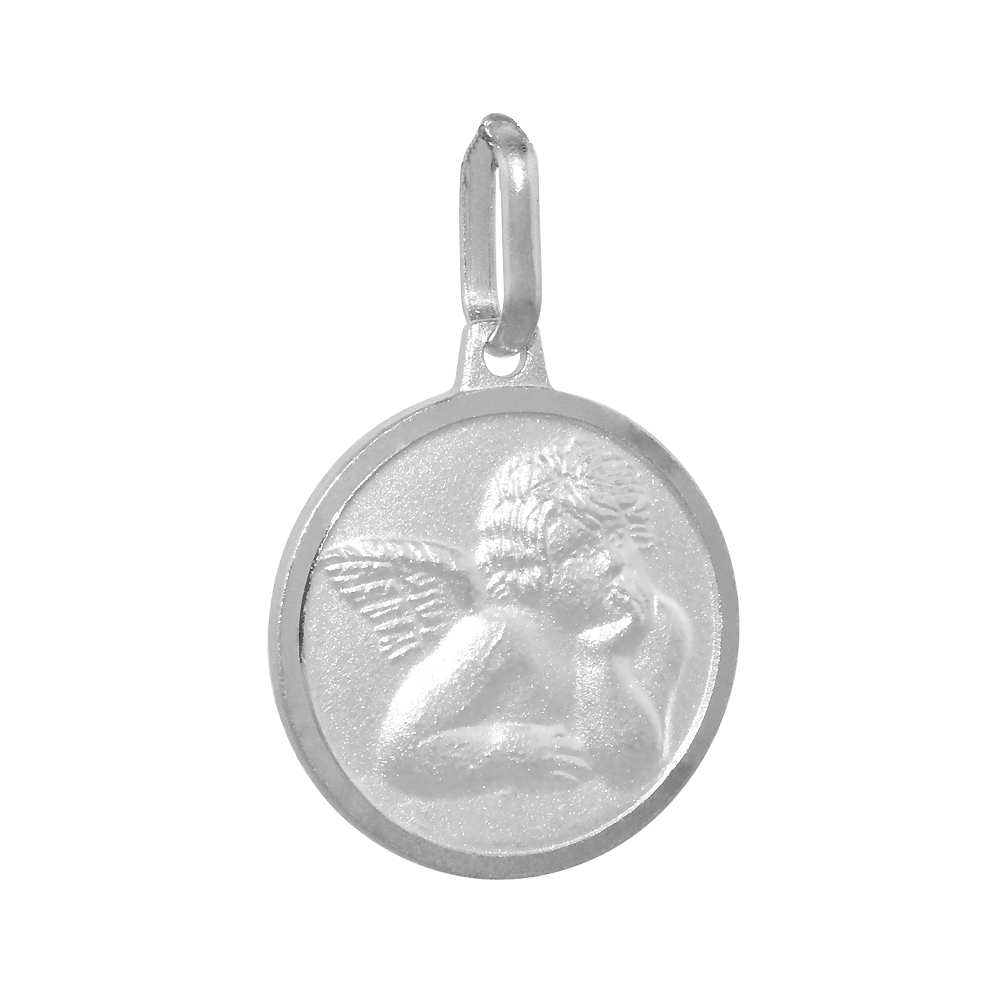 15MM SMALL STERLING SILVER GUARDIAN ANGEL MEDAL NECKLACE 5/8 INCH ROUND NICKEL FREE ITALY WITH STAINLESS STEEL CHAIN .