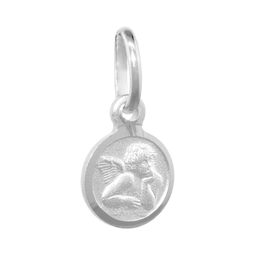 8MM TINY STERLING SILVER GUARDIAN ANGEL MEDAL NECKLACE 5/16 INCH ROUND NICKEL FREE ITALY 16-30 INCH