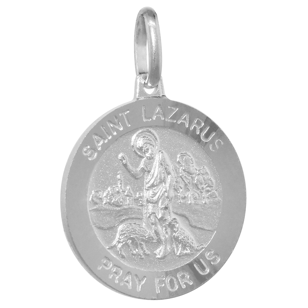 18MM STERLING SILVER ST LAZARUS MEDAL NECKLACE FOR MEN AND WOMEN 3/4 INCH ROUND NICKEL FREE ITALY WITH STAINLESS STEEL CHAIN