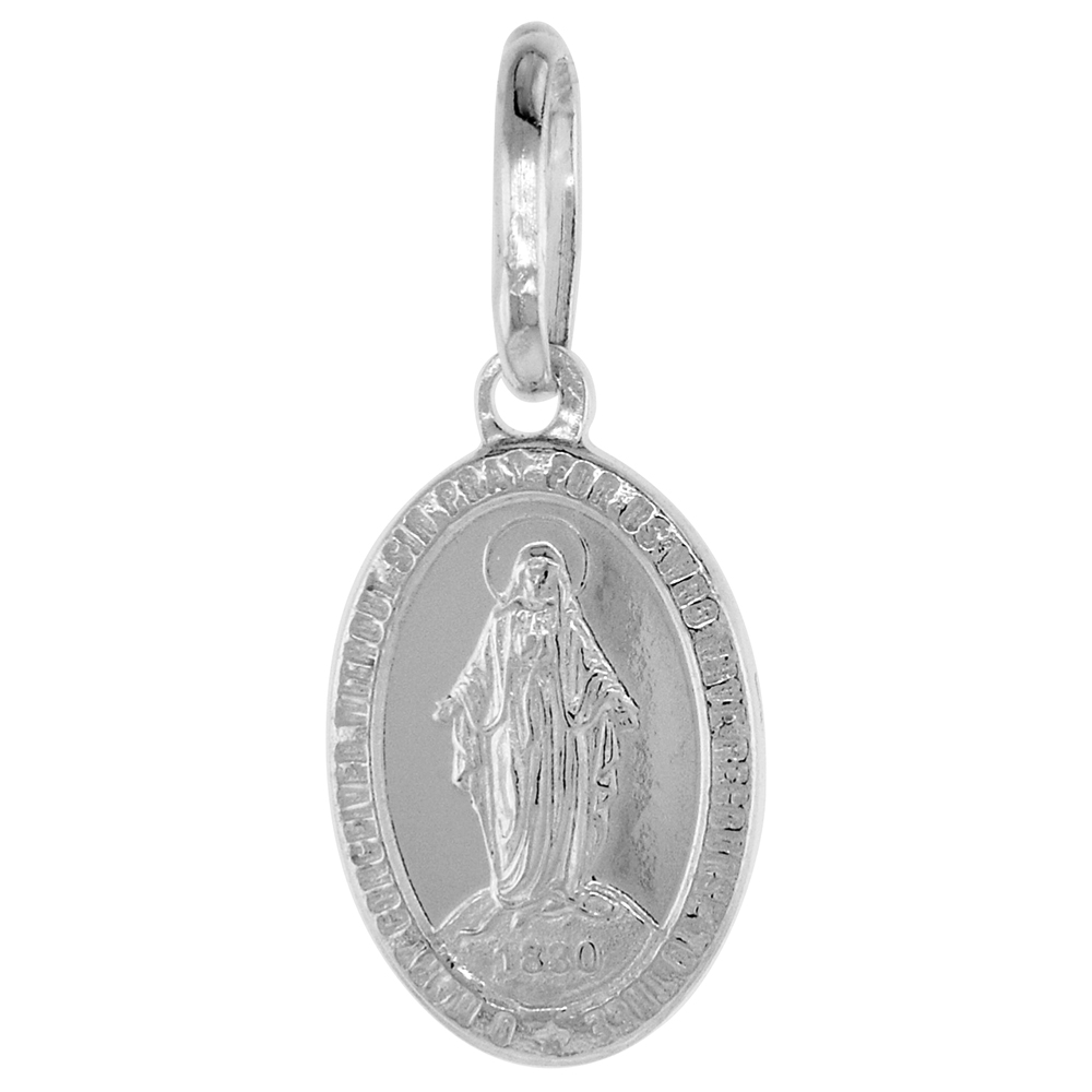 15MM VERY TINY STERLING SILVER MIRACULOUS MEDAL NECKLACE OVAL VIRGIN MARY ITALY 1/2 INCH