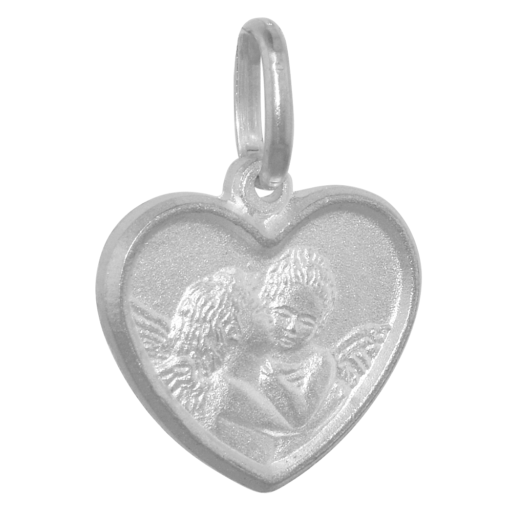 15MM STERLING SILVER RAPHAEL'S KISSING ANGELS HEART NECKLACE 5/8 INCH NICKEL FREE ITALY