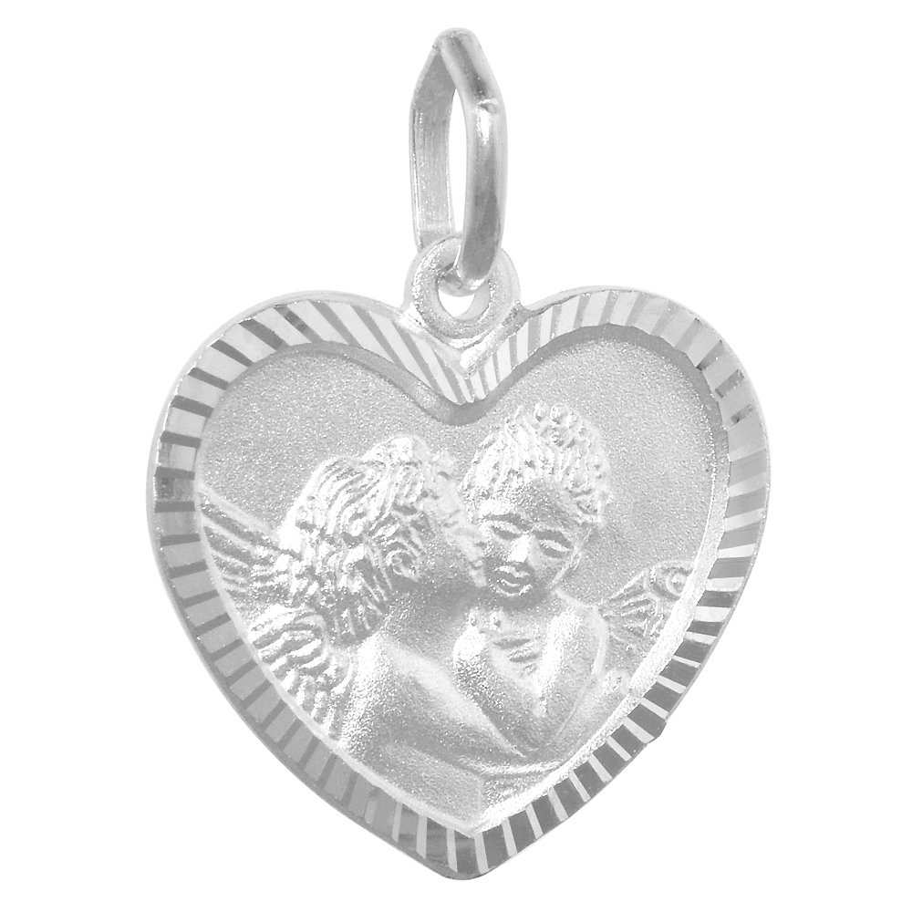 18MM STERLING SILVER RAPHAEL'S KISSING ANGELS HEART NECKLACE 3/4 INCH NICKEL FREE ITALY