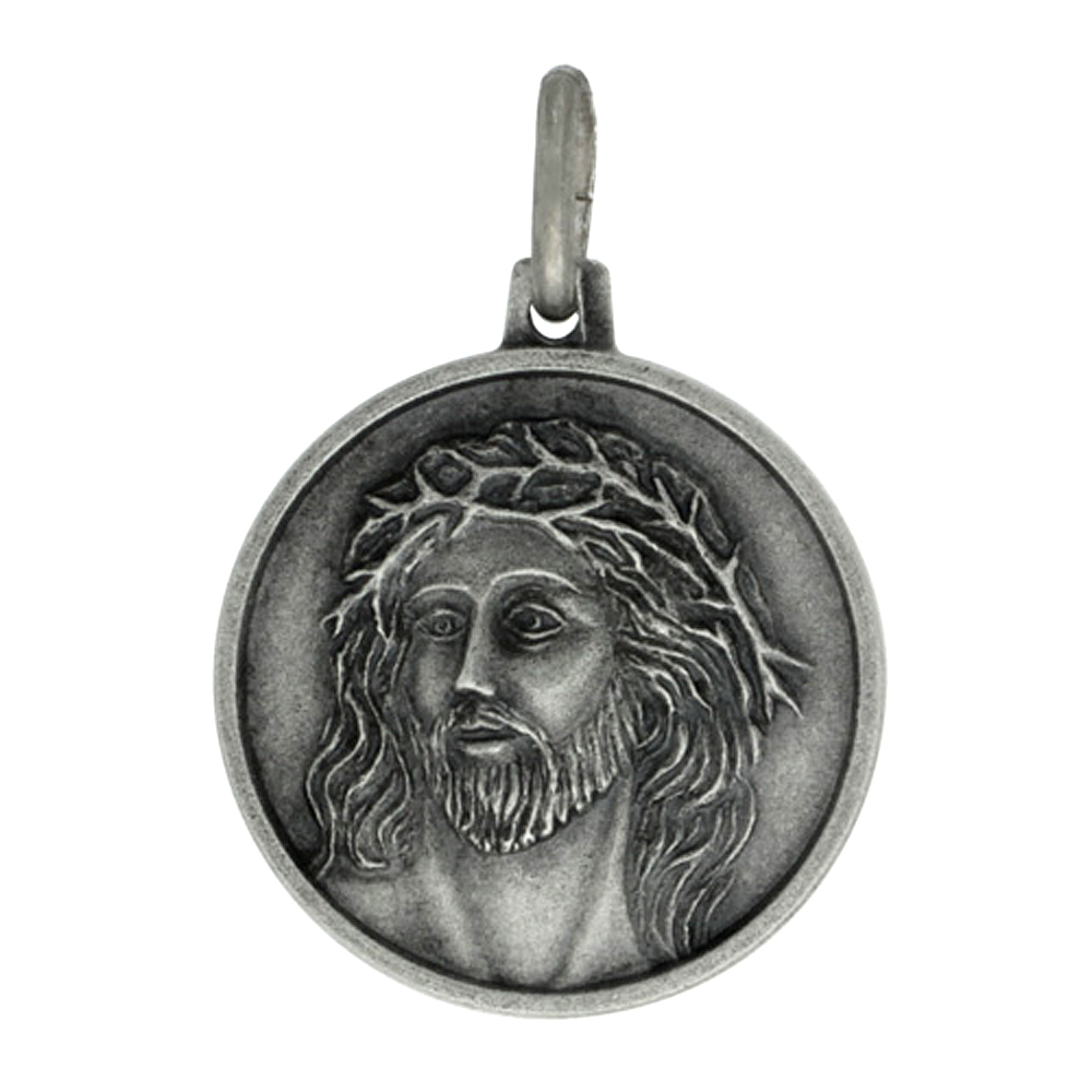 18MM STERLING SILVER JESUS CROWN OF THORNS MEDAL NECKLACE 3/4 INCH ROUND ANTIQUED FINISH NICKEL FREE ITALY