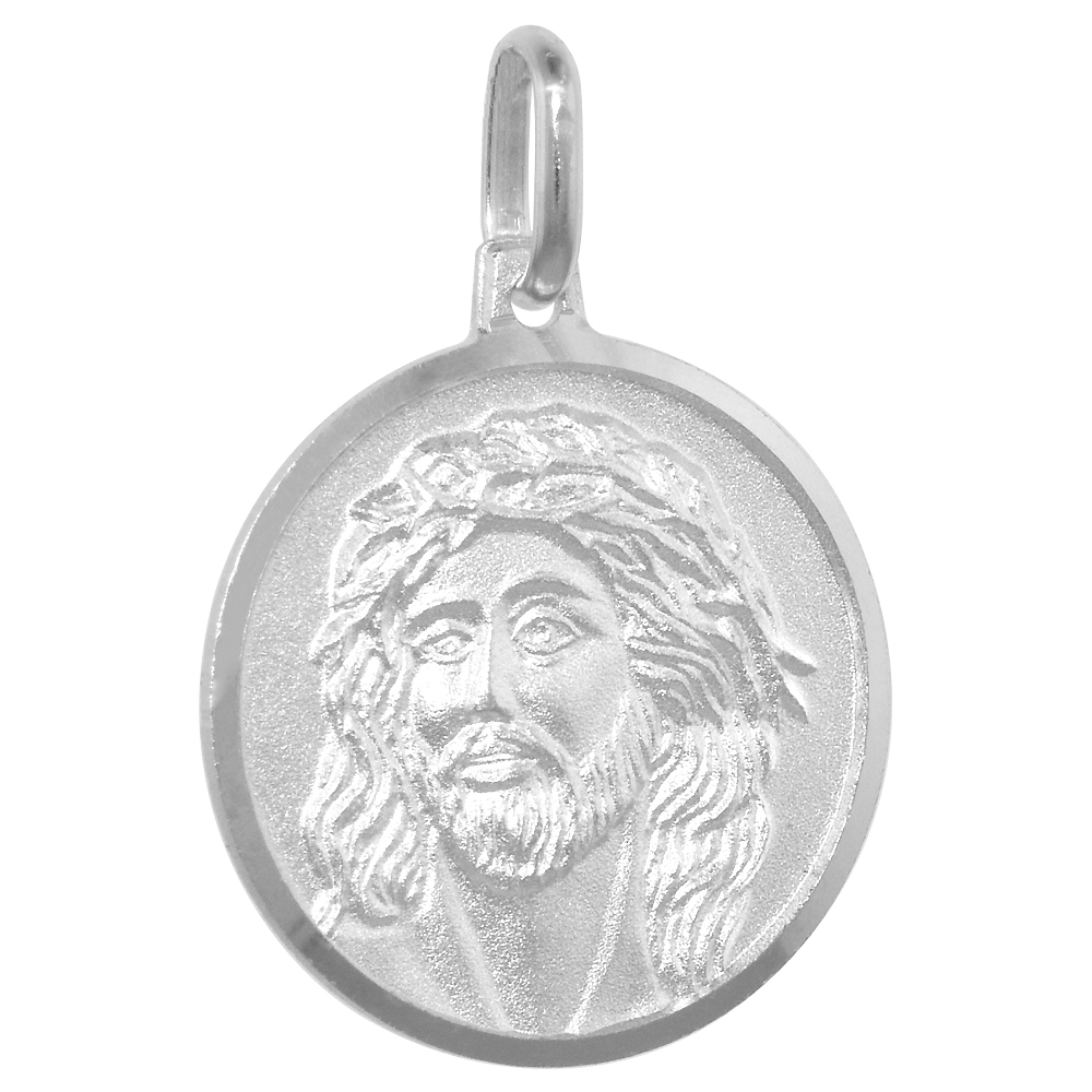 18MM STERLING SILVER CHRIST WITH CROWN OF THORNS MEDAL NECKLACE 3/4 INCH ROUND NICKEL FREE ITALY