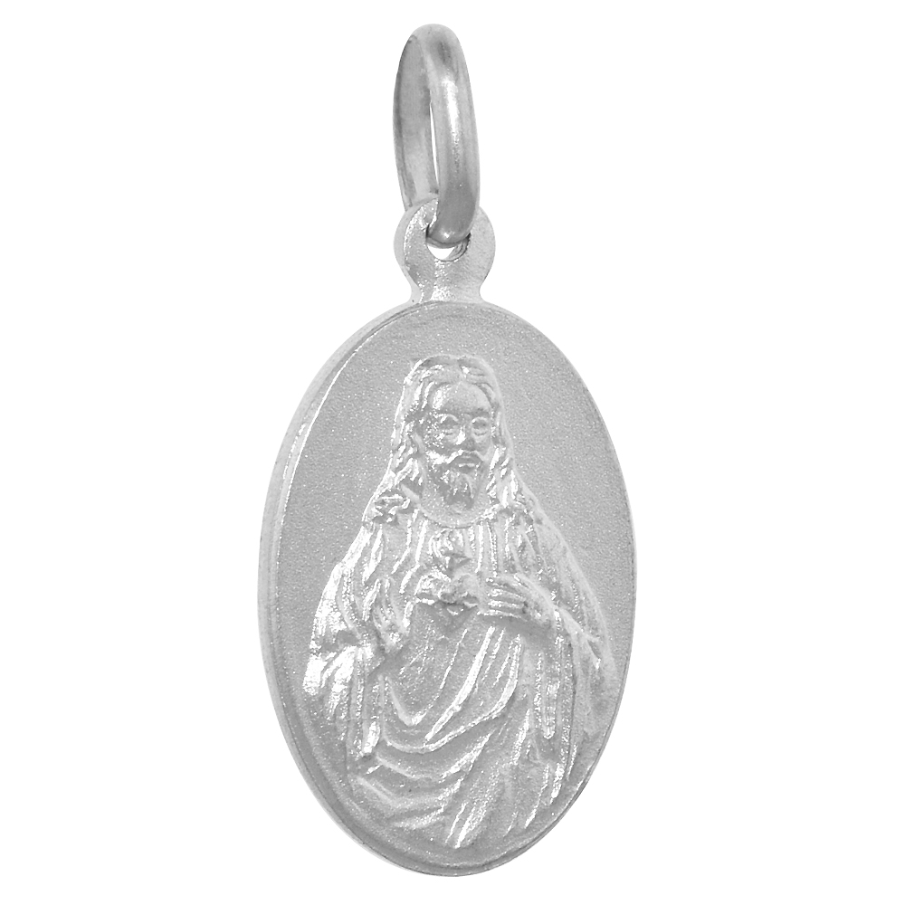 18MM DAINTY STERLING SILVER SACRED HEART OF JESUS SMALL MEDAL NECKLACE 5/8 INCH OVAL