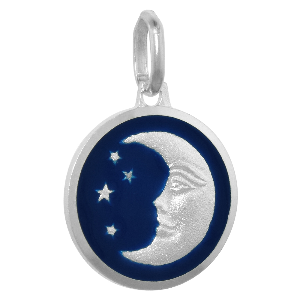 STERLING SILVER MOON & STAR NECKLACE ROUND BLUE ENAMEL WITH 24 INCH SURGICAL STEEL CHAIN ITALY 5/8 INCH