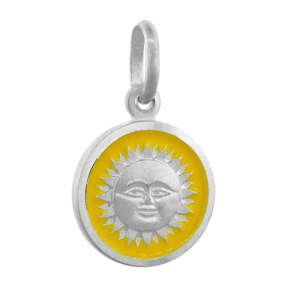 STERLING SILVER SUN MEDAL NECKLACE ROUND YELLOW ENAMELED ITALY 1/2 INCH