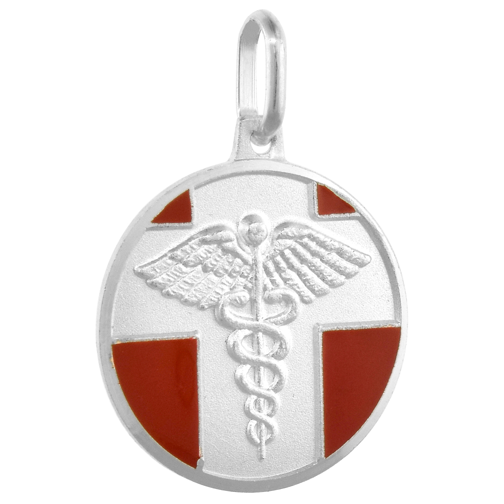 STERLING SILVER MEDICAL ALERT NECKLACE ROUND RED ENAMEL ITALY 3/4 INCH