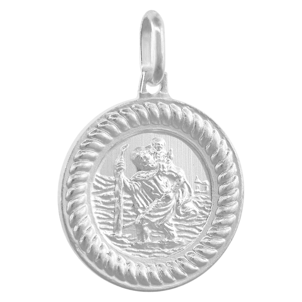 3/4 INCH STERLING SILVER ROPE BORDER ST CHRISTOPHER MEDAL NECKLACE FOR MEN AND WOMEN 18MM ROUND NICKEL FREE ITALY