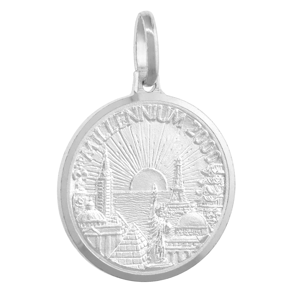 STERLING SILVER MILLENNIUM 2000 MEDAL NECKLACE 3/4 INCH ROUND ITALY