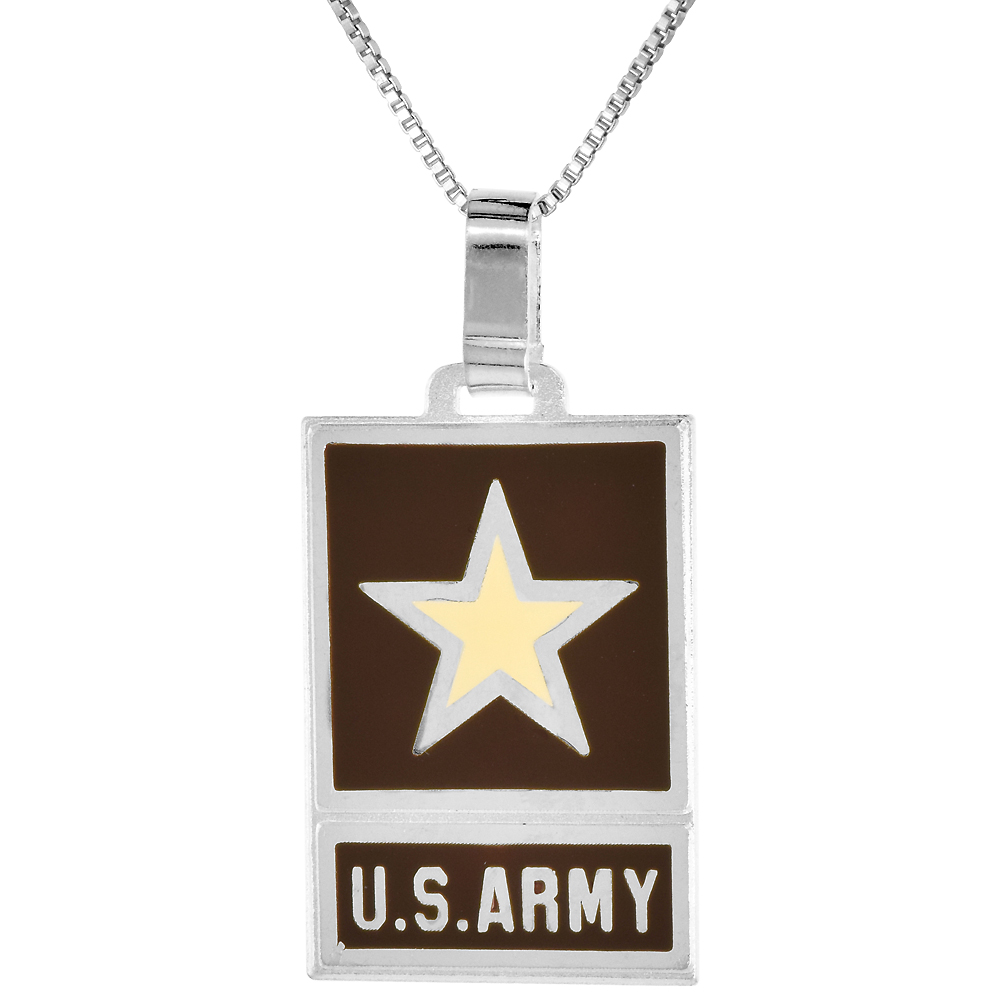 STERLING SILVER US ARMY NECKLACE 1 1/4 INCH RECTANGULAR BROWN ENAMEL ITALY