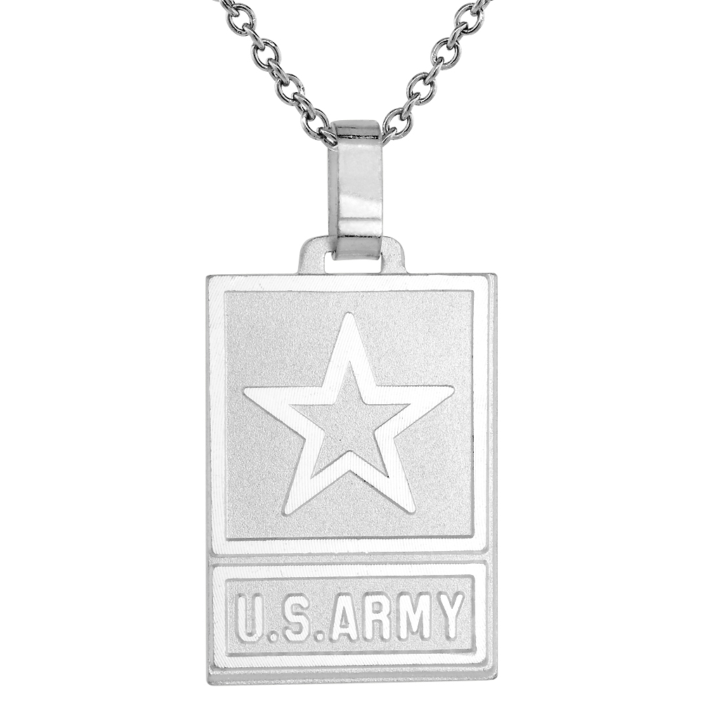 STERLING SILVER US ARMY NECKLACE WITH 24 INCH SURGICAL STEEL CHAIN ITALY 1 1/4 INCH
