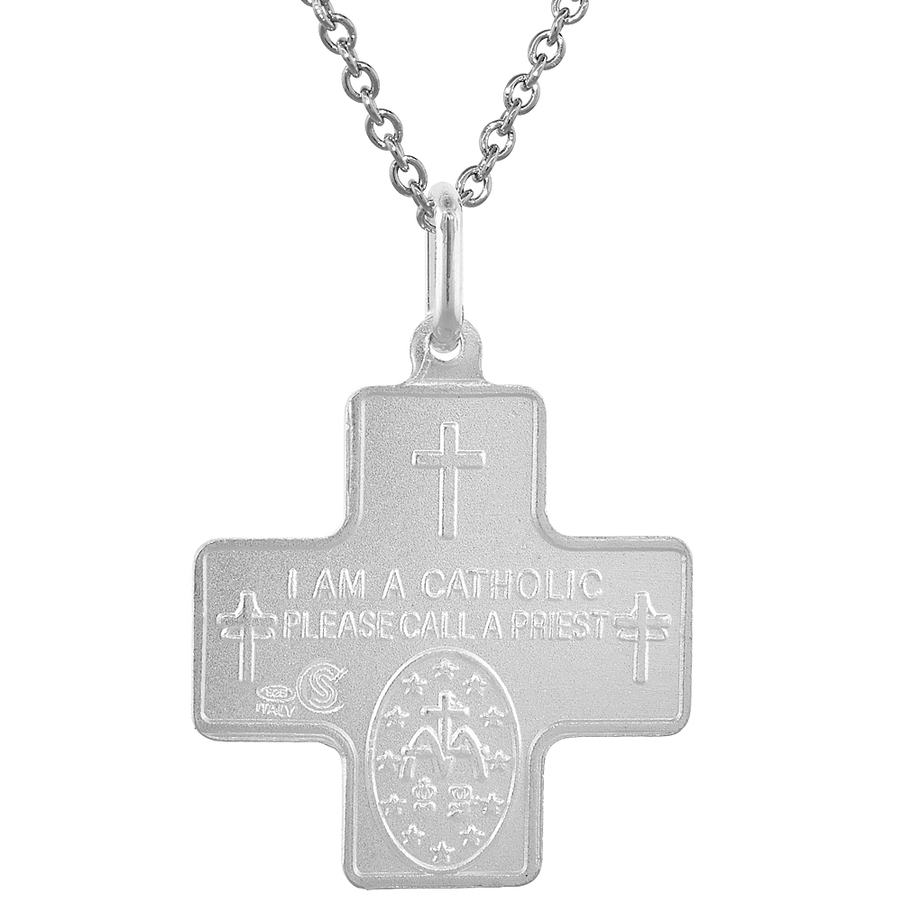 22mm Sterling Silver 4-way Cross Medal Necklace For Men & Women 1 inch Nickel Free Italy with Stainless Steel Chain