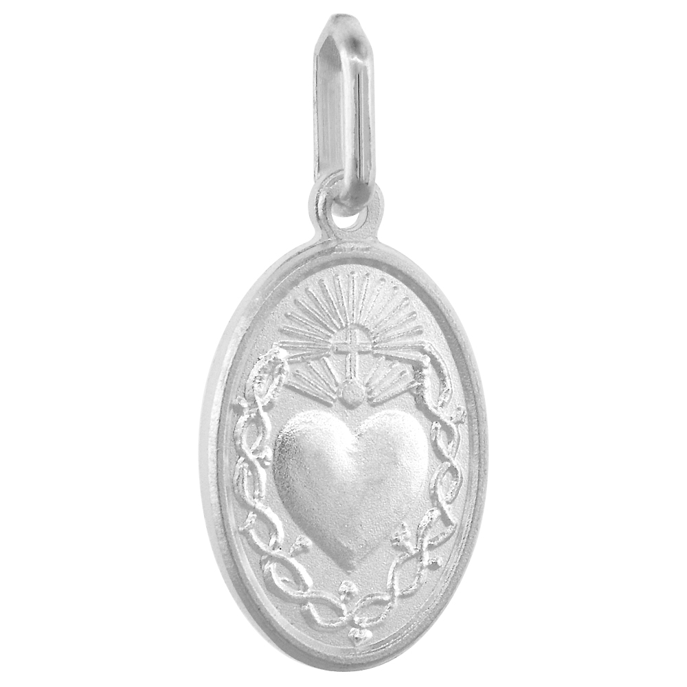 16MM SMALL STERLING SILVER SACRED HEART OF JESUS MEDAL NECKLACE 5/8 INCH OVAL NICKEL FREE ITALY
