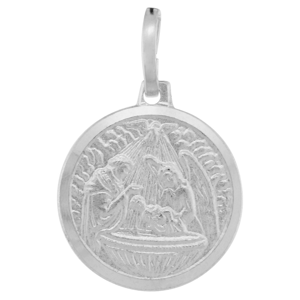 15MM DAINTY STERLING SILVER BAPTISM MEDAL NECKLACE 5/8 INCH ROUND NICKEL FREE ITALY