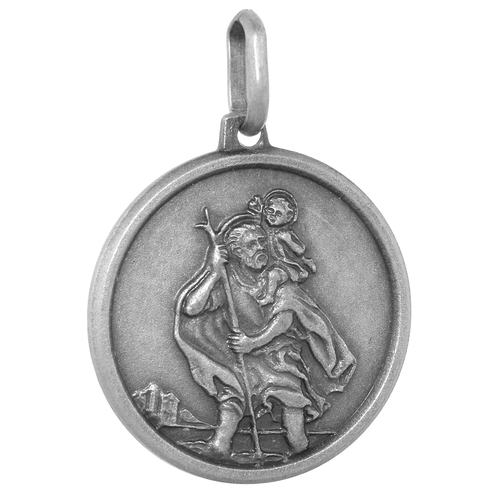 18MM STERLING SILVER ST CHRISTOPHER MEDAL NECKLACE 3/4 INCH ROUND ANTIQUED FINISH NICKEL FREE ITALY