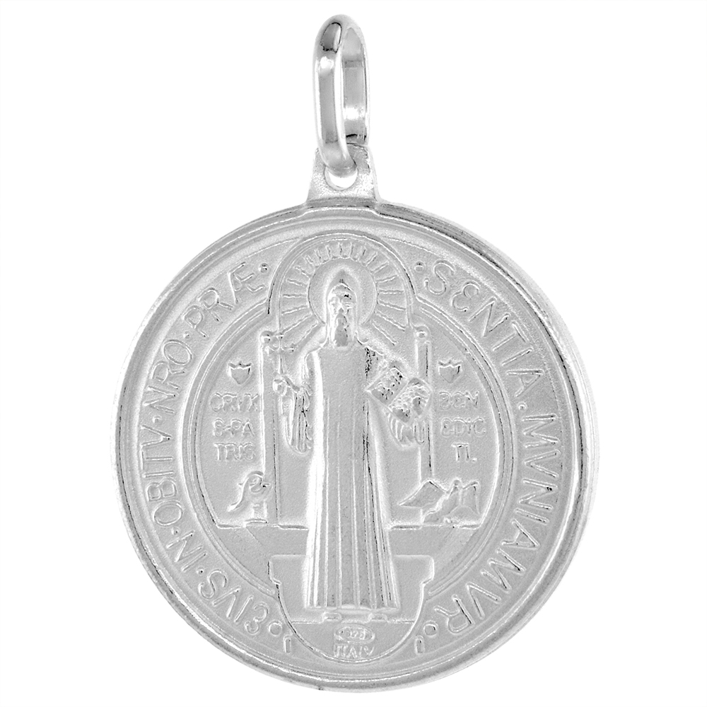 21MM STERLING SILVER ST BENEDICT MEDAL NECKLACE FOR MEN & WOMEN 7/8 INCH ROUND ITALY 16-24 INCH