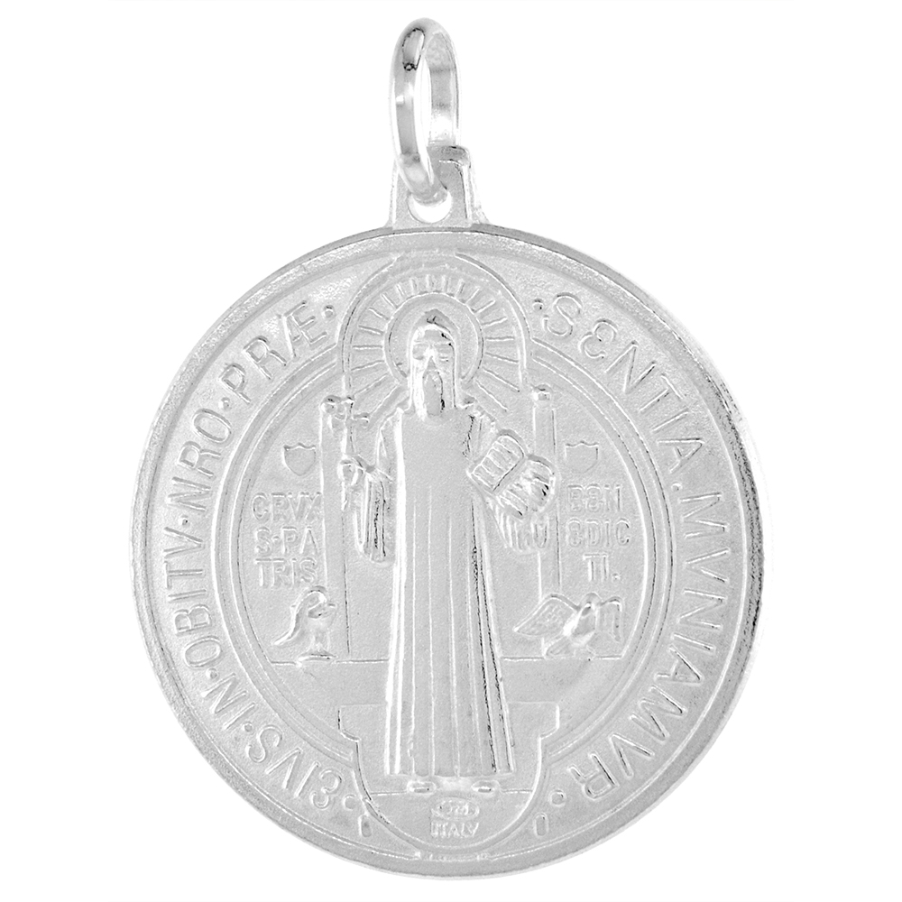 24MM STERLING SILVER ST BENEDICT MEDAL NECKLACE FOR MEN & WOMEN 15/16 INCH ROUND ITALY 16-24 INCH
