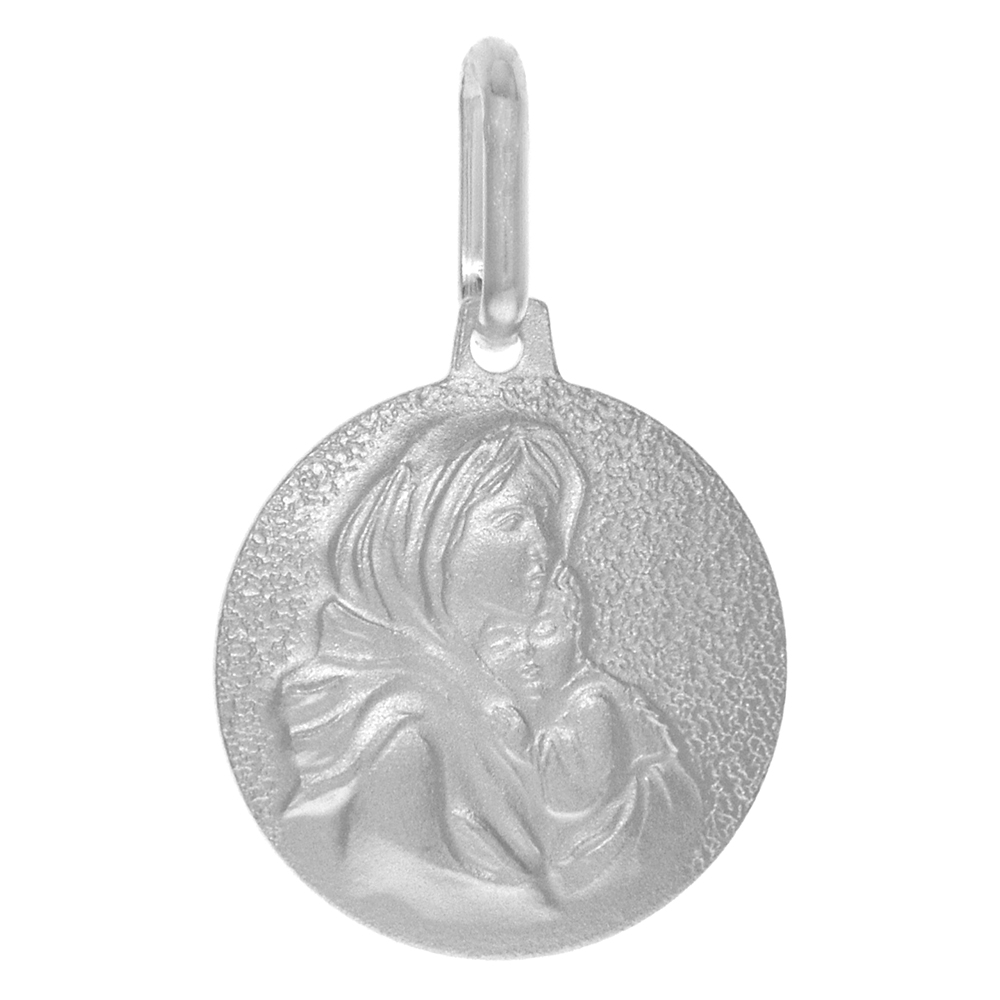 15MM STERLING SILVER BLESSED MOTHER CHRIST MEDAL NECKLACE FOR WOMEN & MEN 5/8 INCH ROUND SANDSTONE FINISH ITALY 16-30 INCH