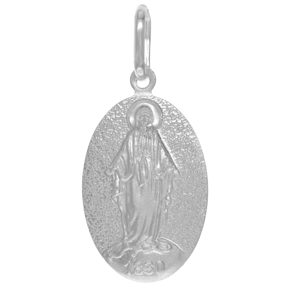 22MM STERLING SILVER MIRACULOUS MEDAL NECKLACE FOR WOMEN AND MEN 7/8 INCH OVAL VIRGIN MARY SANDSTONE FINISH ITALY 16-30 INCH